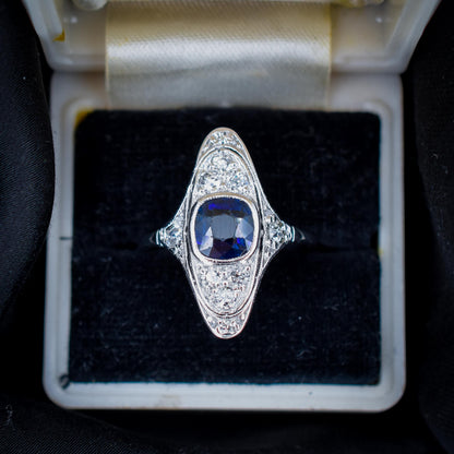 Art Deco Blue Sapphire and Diamond Navette Platinum Ring