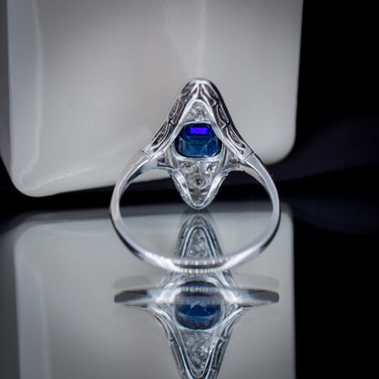 Art Deco Blue Sapphire and Diamond Navette Platinum Ring