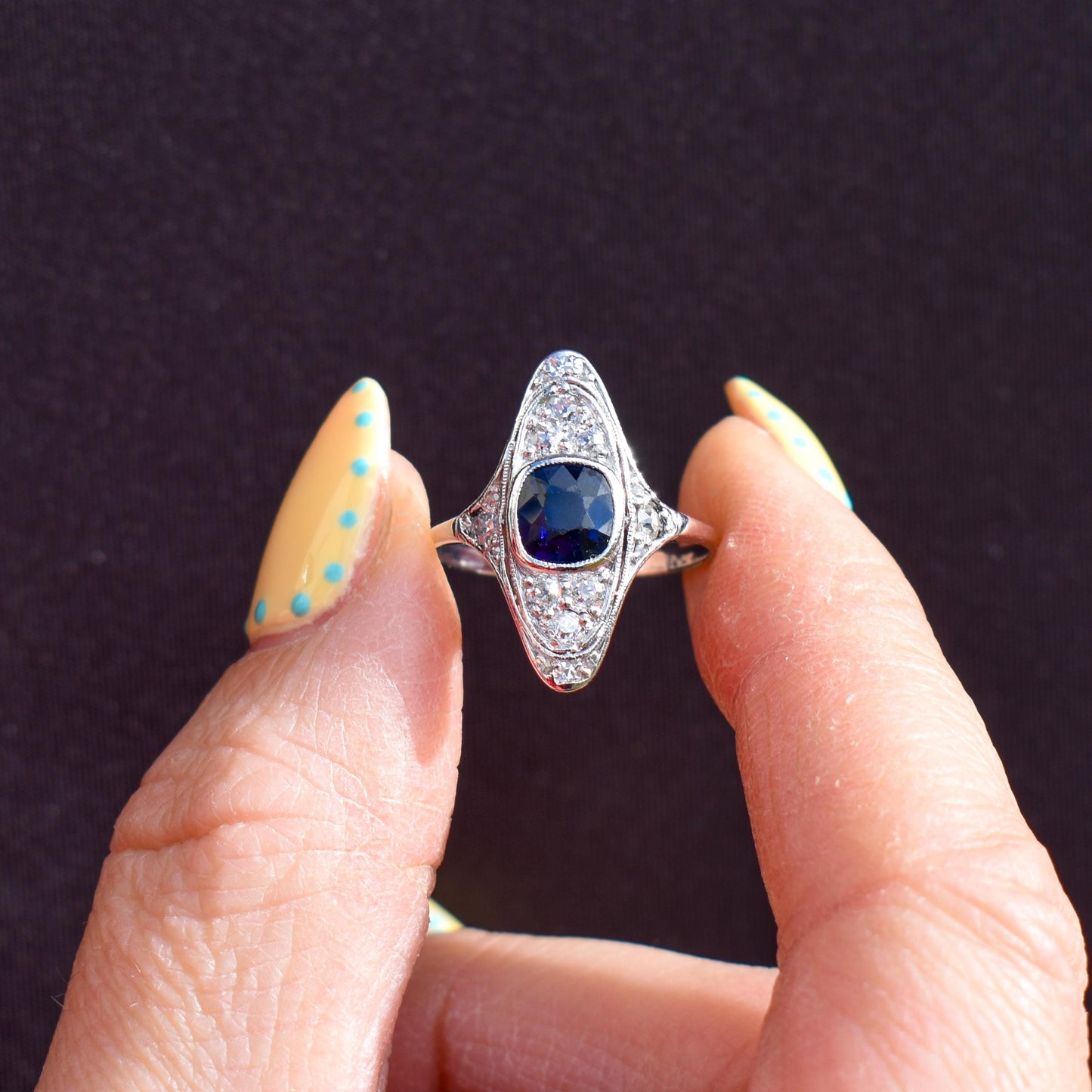 Art Deco Blue Sapphire and Diamond Navette Platinum Ring