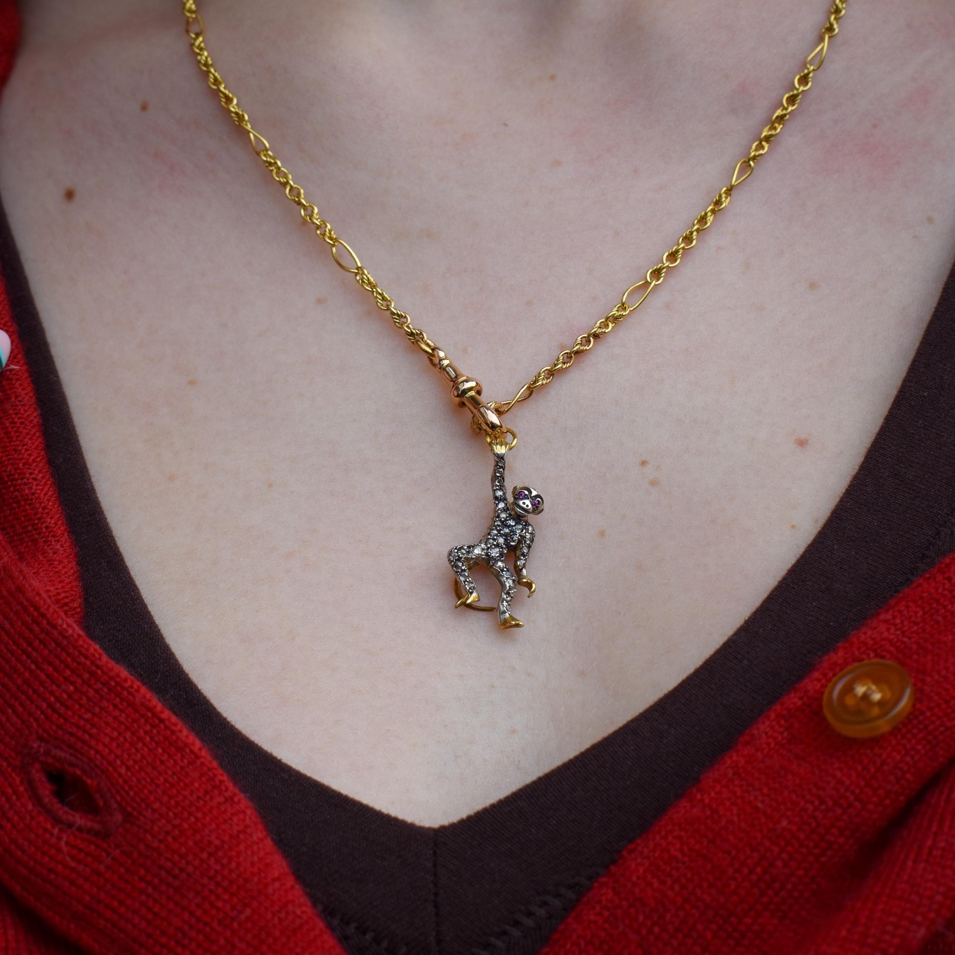 Diamond Monkey Charm Pendant Ruby Eyes | 0.80ct Diamond