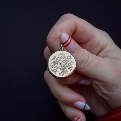 Antique Engraved Fancy Round Flower Basket and Swallow Bird Gold Locket Pendant