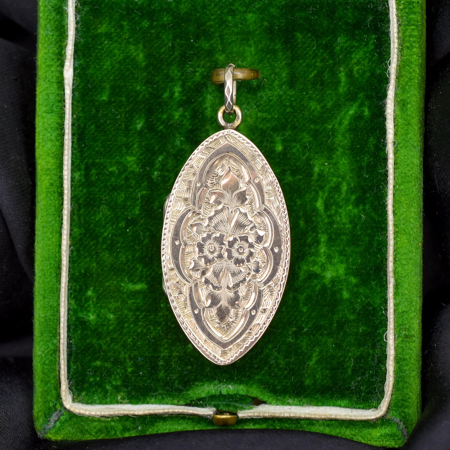 Antique Gold Engraved Fancy Navette Shaped Locket Pendant