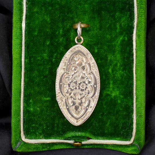 Antique Gold Engraved Fancy Navette Shaped Locket Pendant