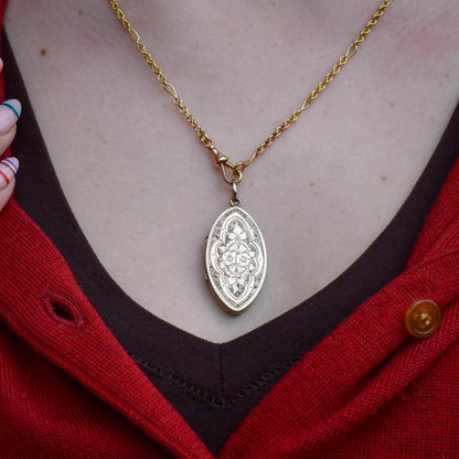 Antique Gold Engraved Fancy Navette Shaped Locket Pendant