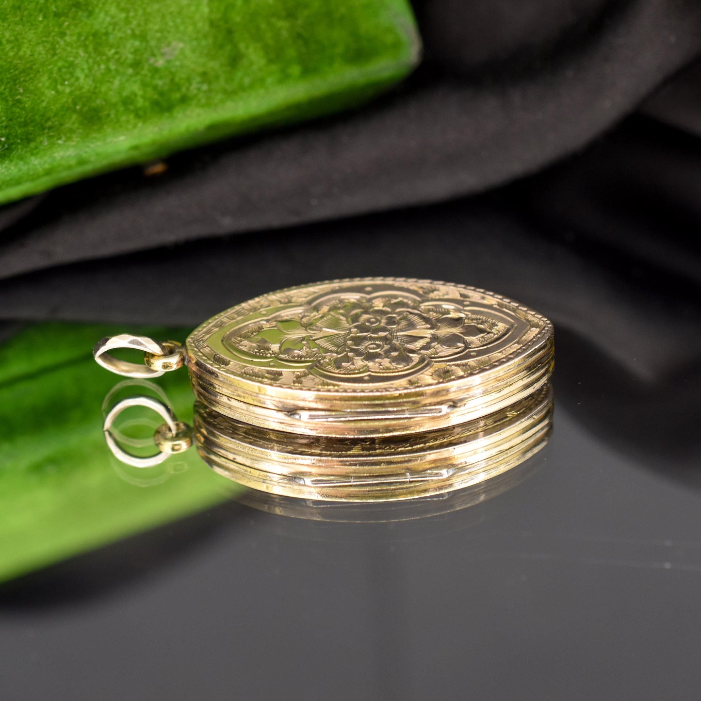 Antique Gold Engraved Fancy Navette Shaped Locket Pendant