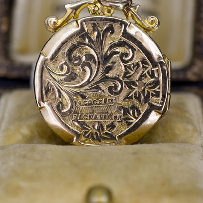 Antique 9ct Gold Engraved Round Fancy Locket Pendant