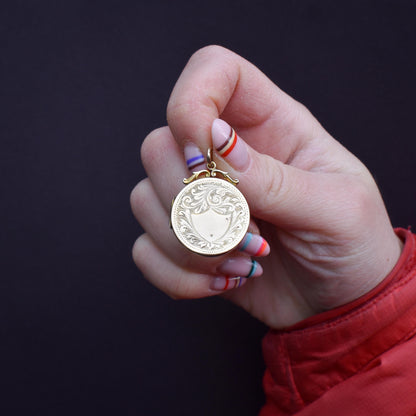 Antique 9ct Gold Engraved Round Fancy Locket Pendant