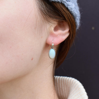Vintage Natural Opal Oval Bezel Silver Drop Earrings