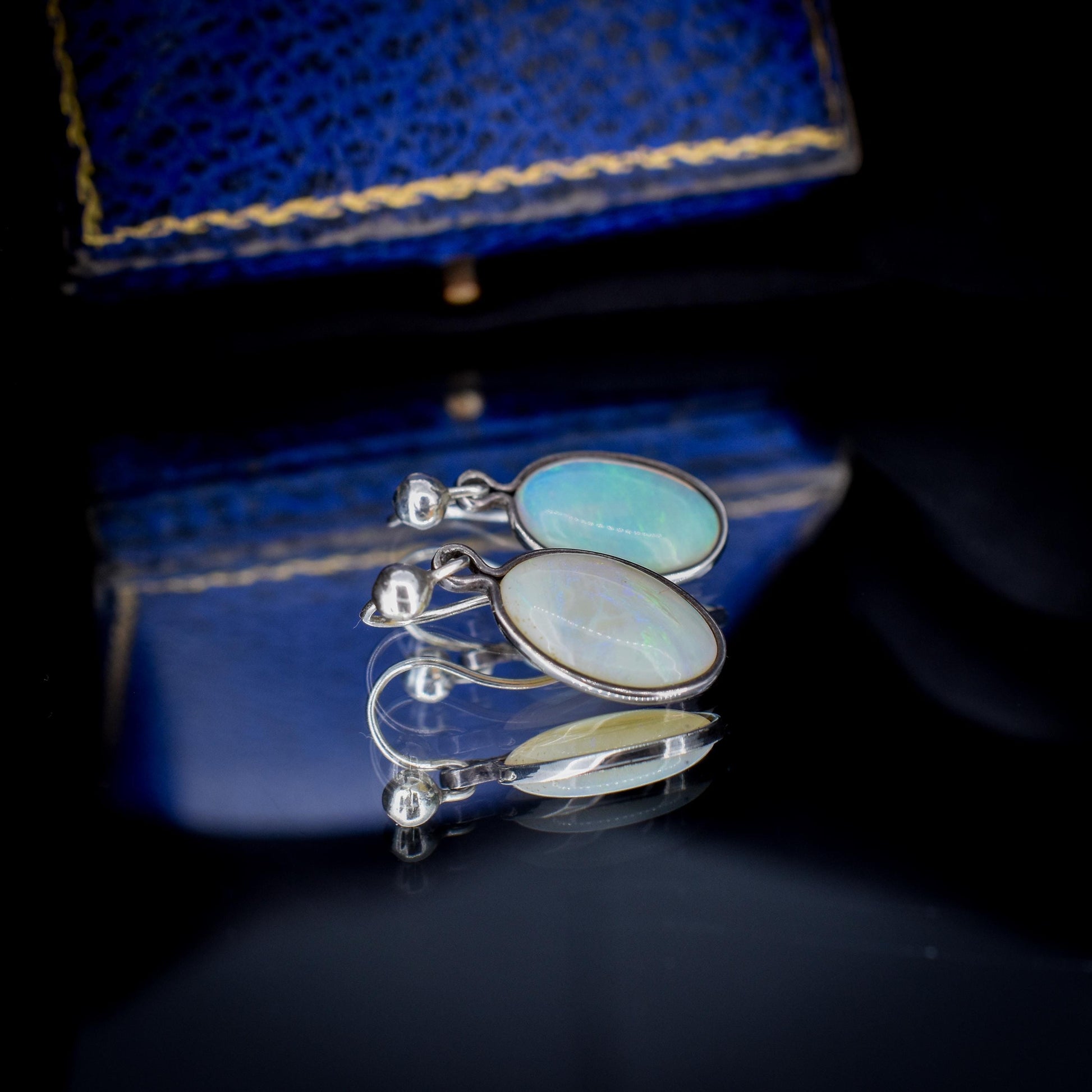 Vintage Natural Opal Oval Bezel Silver Drop Earrings