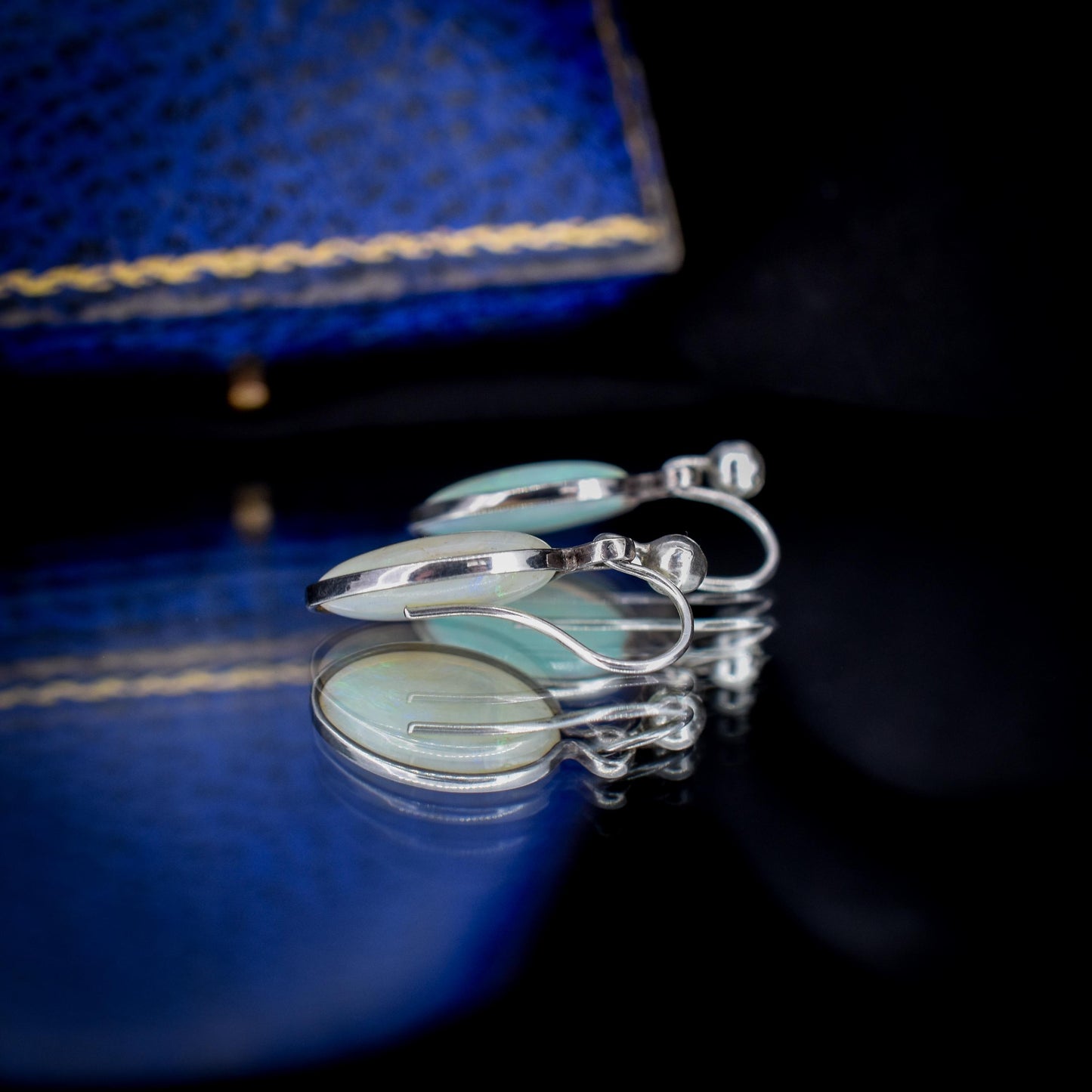 Vintage Natural Opal Oval Bezel Silver Drop Earrings