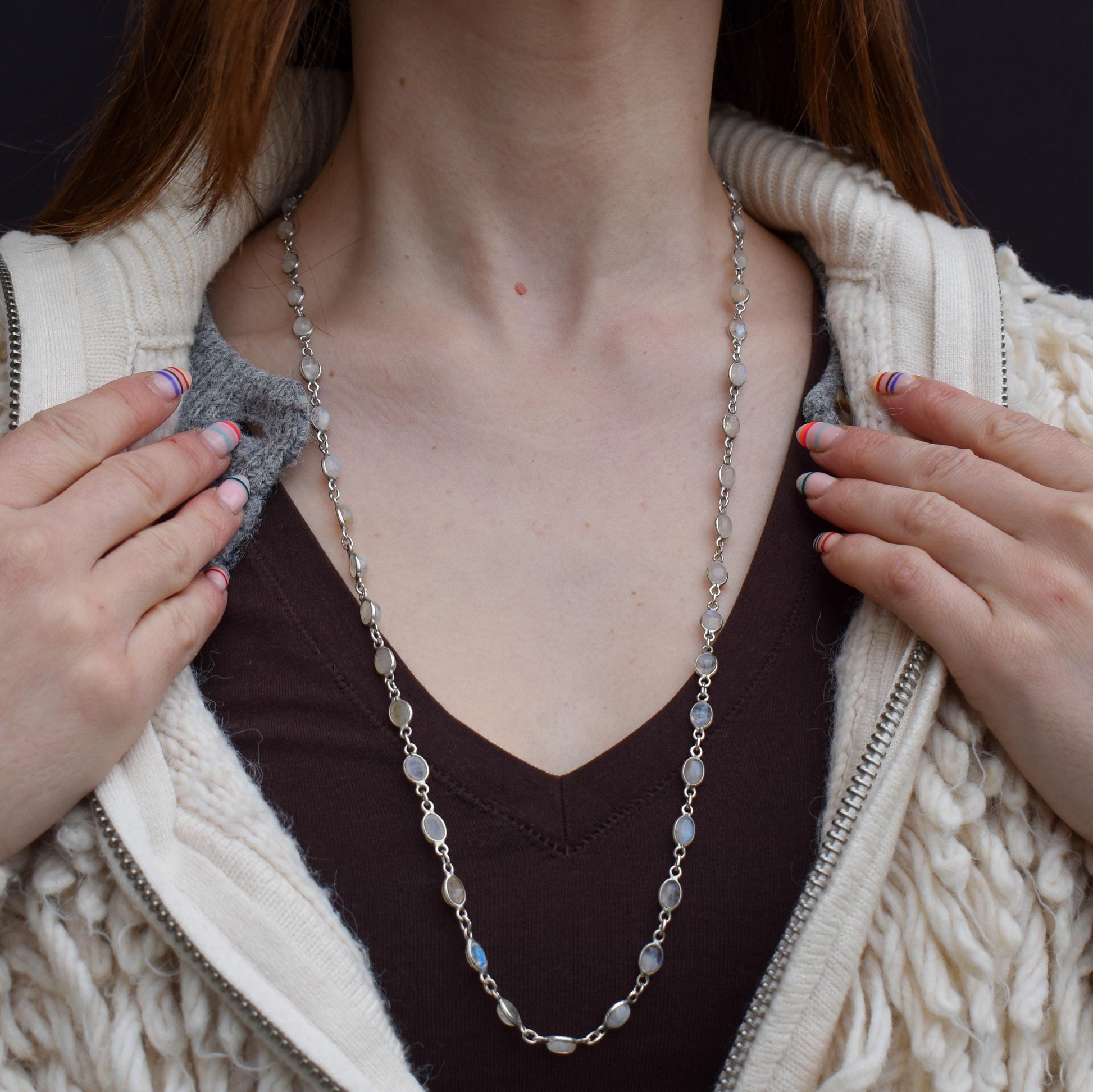 Vintage Moonstone Silver 29" Long Chain Necklace