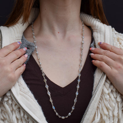 Vintage Moonstone Silver 29" Long Chain Necklace
