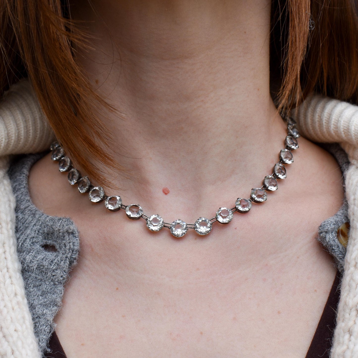Antique Clear Paste Riviere Silver Short Collar Necklace | 15.5"