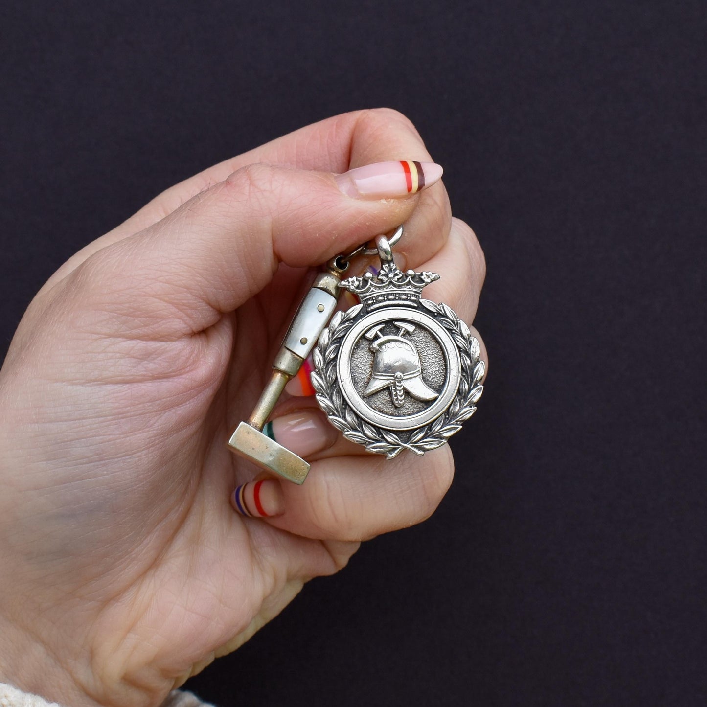 Art Deco '1931' Silver Fireman Medal and Mother of Pearl Hammer Pendant