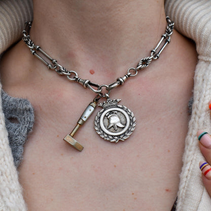 Art Deco '1931' Silver Fireman Medal and Mother of Pearl Hammer Pendant