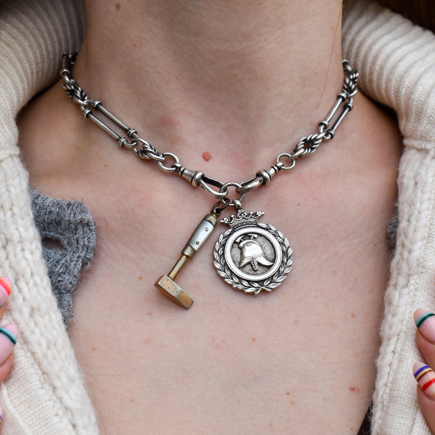 Art Deco '1931' Silver Fireman Medal and Mother of Pearl Hammer Pendant