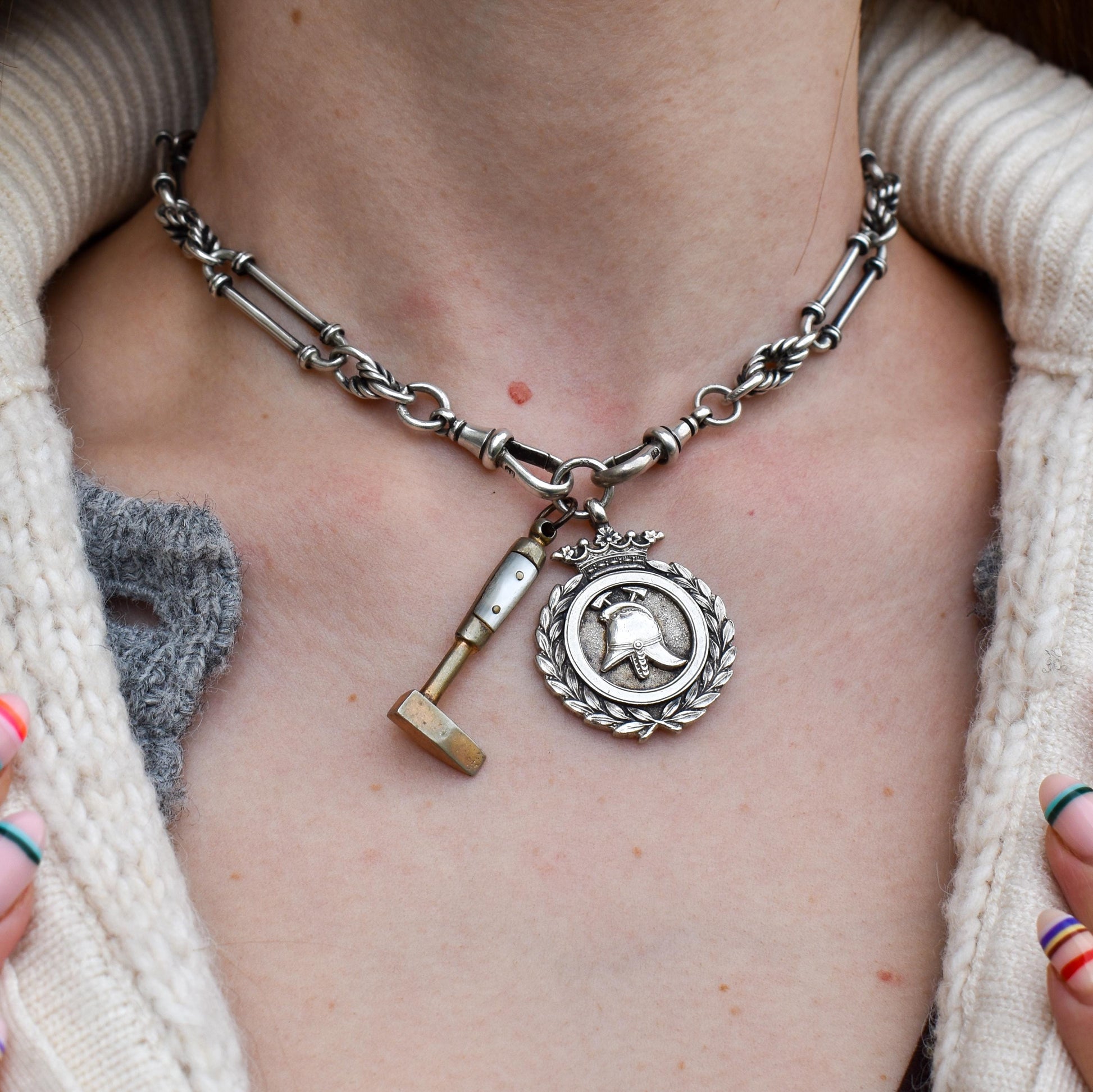 Art Deco '1931' Silver Fireman Medal and Mother of Pearl Hammer Pendant
