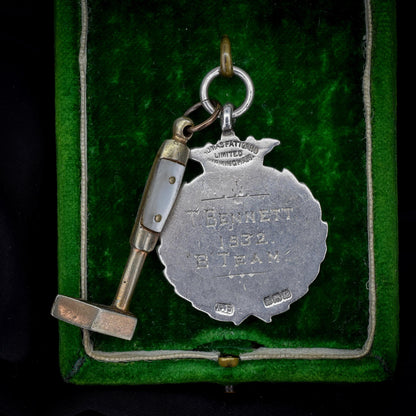 Art Deco '1931' Silver Fireman Medal and Mother of Pearl Hammer Pendant