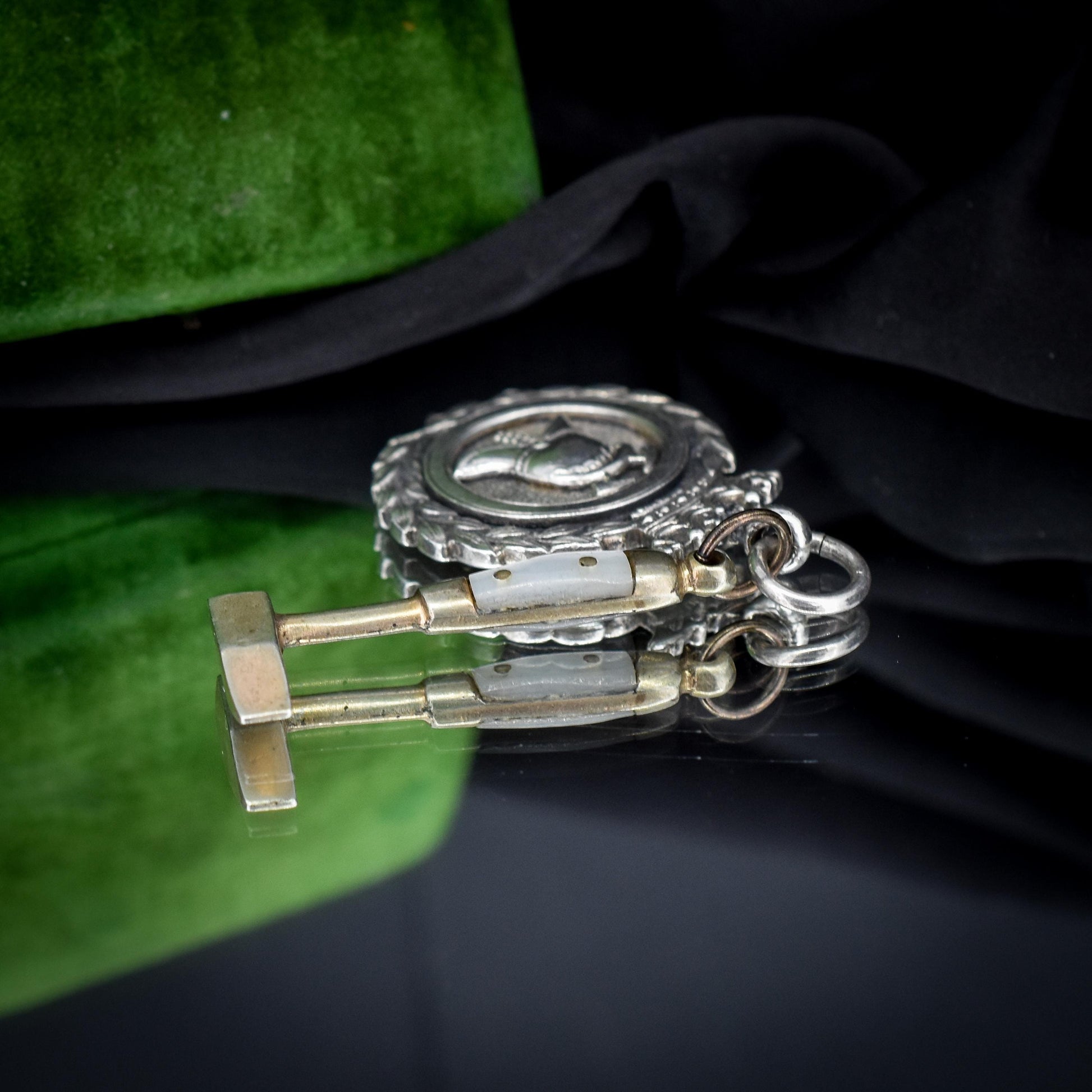 Art Deco '1931' Silver Fireman Medal and Mother of Pearl Hammer Pendant