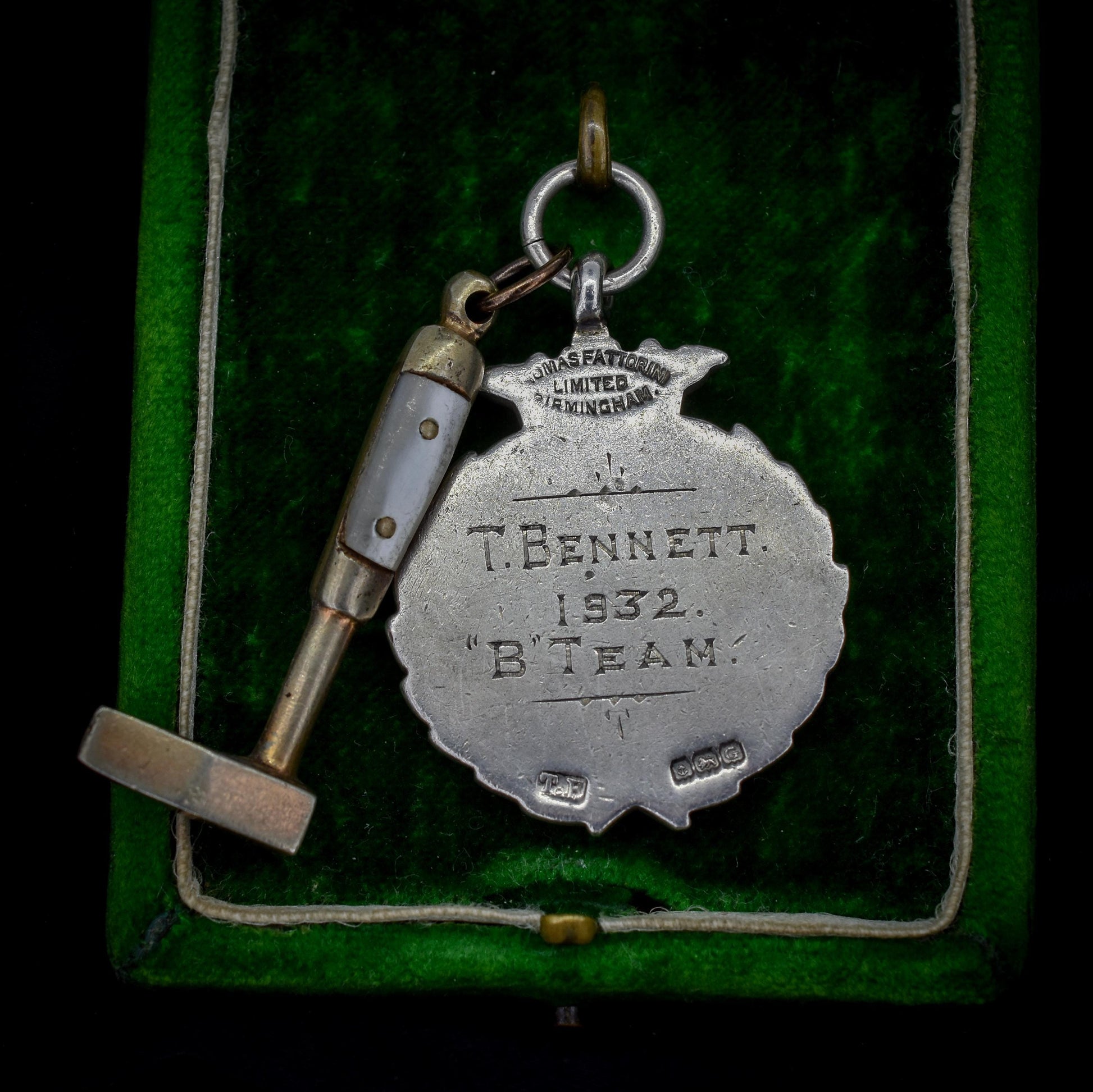 Art Deco '1931' Silver Fireman Medal and Mother of Pearl Hammer Pendant