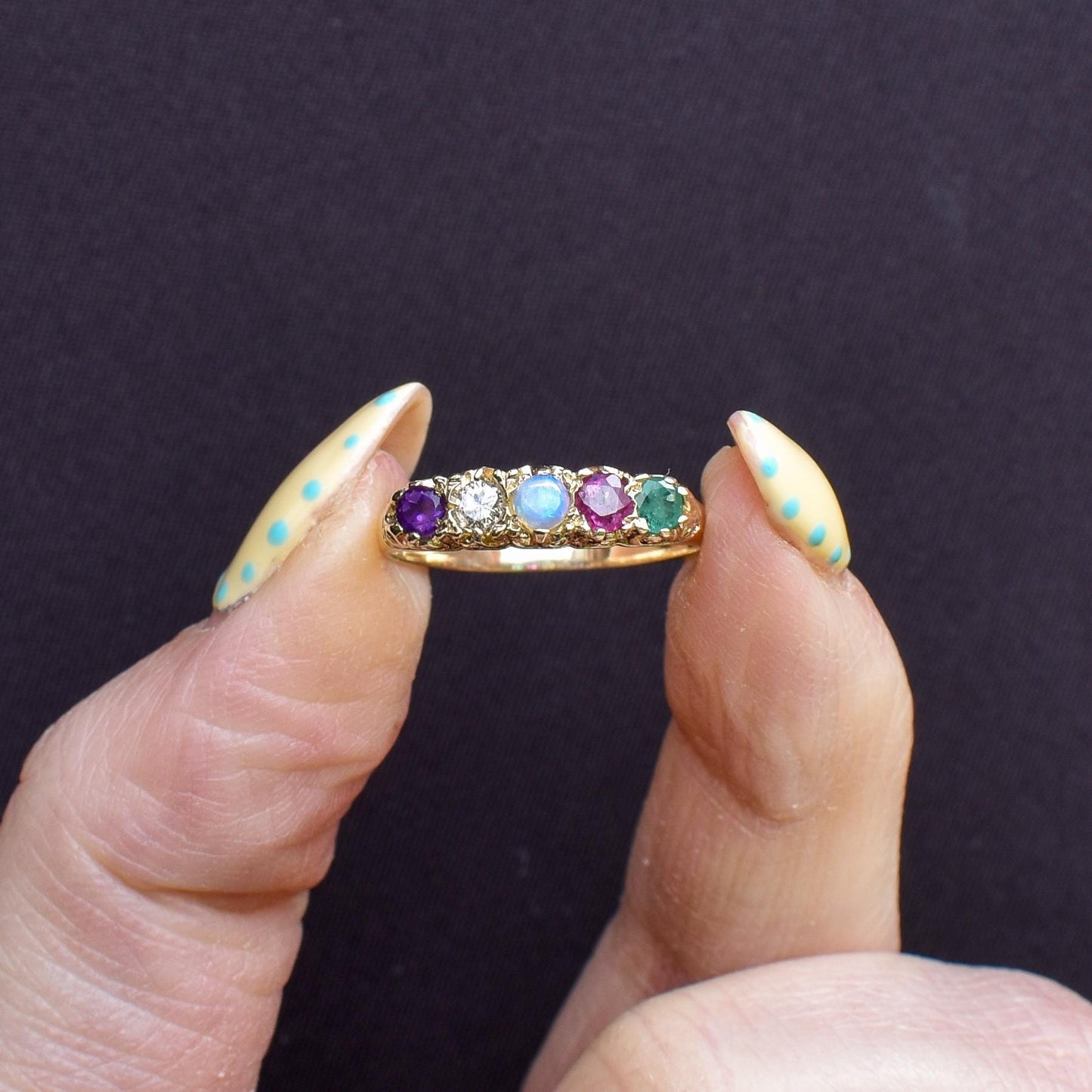 ADORE Acrostic Multi Gemstone Five Stone 9ct Yellow Gold Ring | Antique Style
