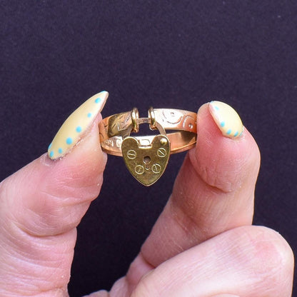Antique Heart Padlock Drop 9ct Gold Engraved Band Ring | B'Ham 1916