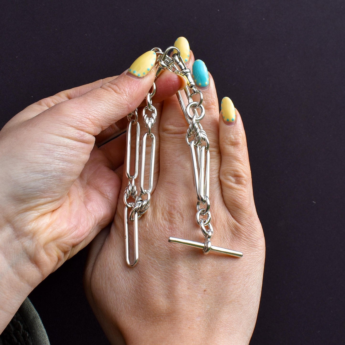 Antique Sterling Silver Trombone Love Knot Watch Chain with Double Dog Clip and T Bar | 15"