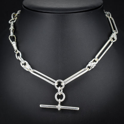 Antique Sterling Silver Trombone Love Knot Watch Chain with Double Dog Clip and T Bar | 15"