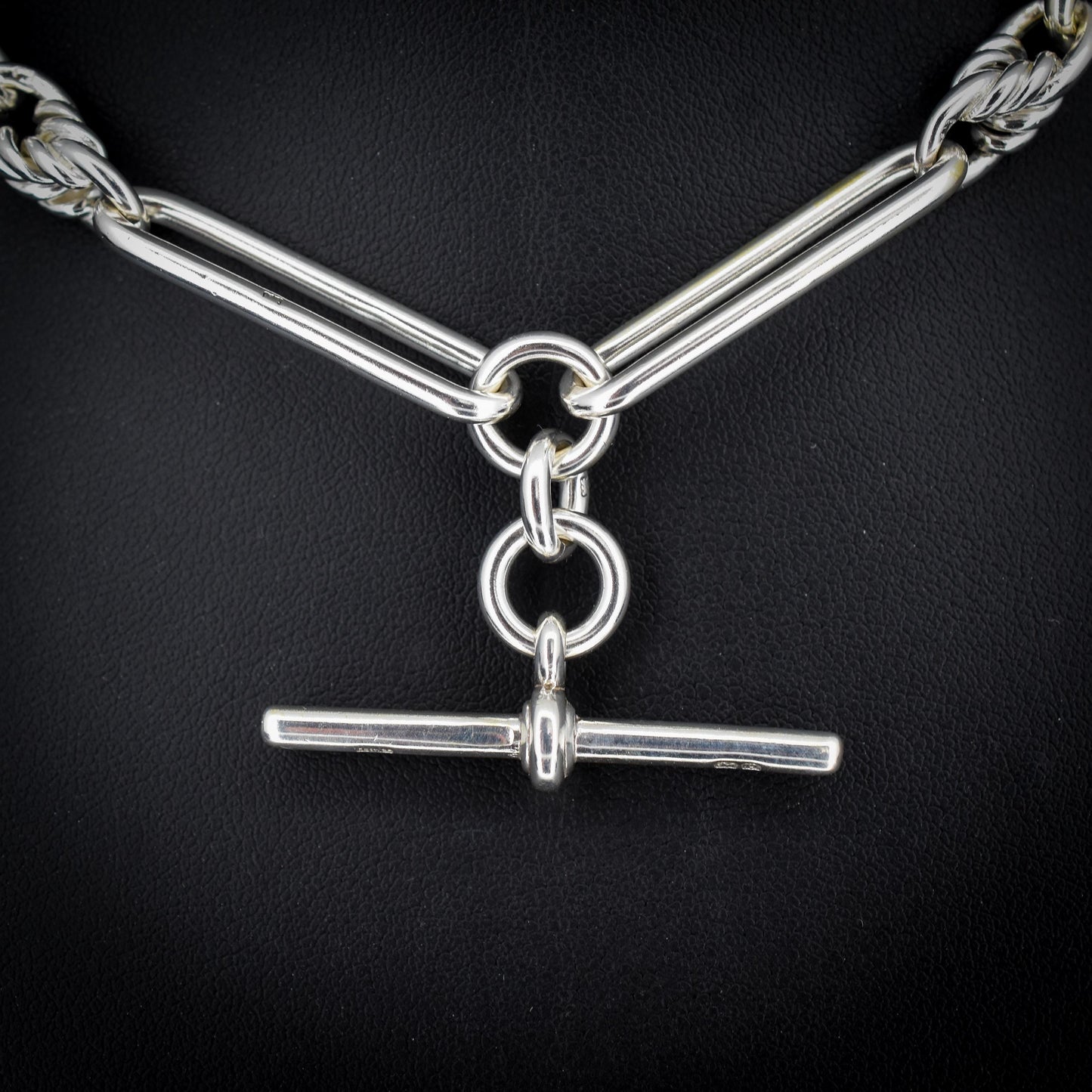 Antique Sterling Silver Trombone Love Knot Watch Chain with Double Dog Clip and T Bar | 15"