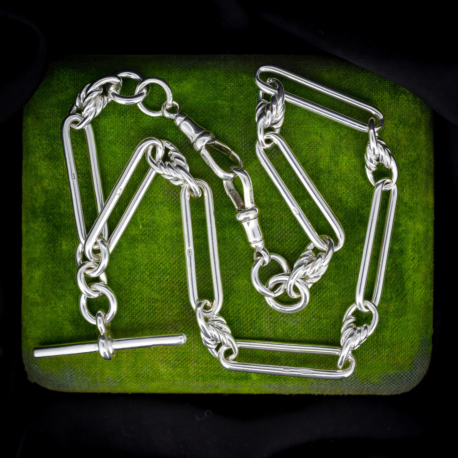 Antique Sterling Silver Trombone Love Knot Watch Chain with Double Dog Clip and T Bar | 15"