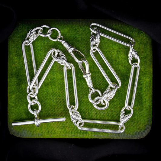 Antique Sterling Silver Trombone Love Knot Watch Chain with Double Dog Clip and T Bar | 15"