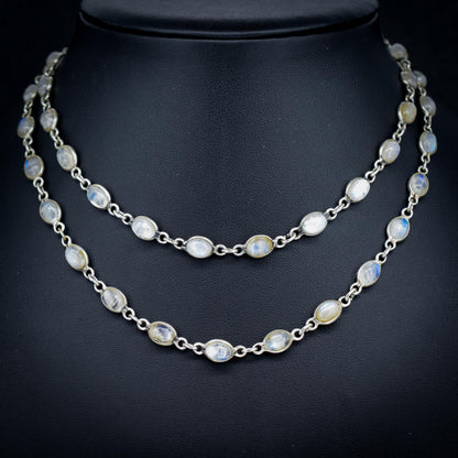Vintage Moonstone Silver 29" Long Chain Necklace