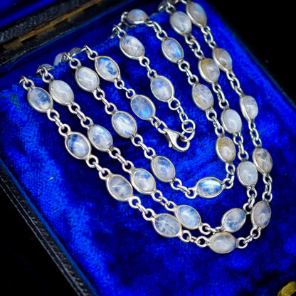 Vintage Moonstone Silver 29" Long Chain Necklace