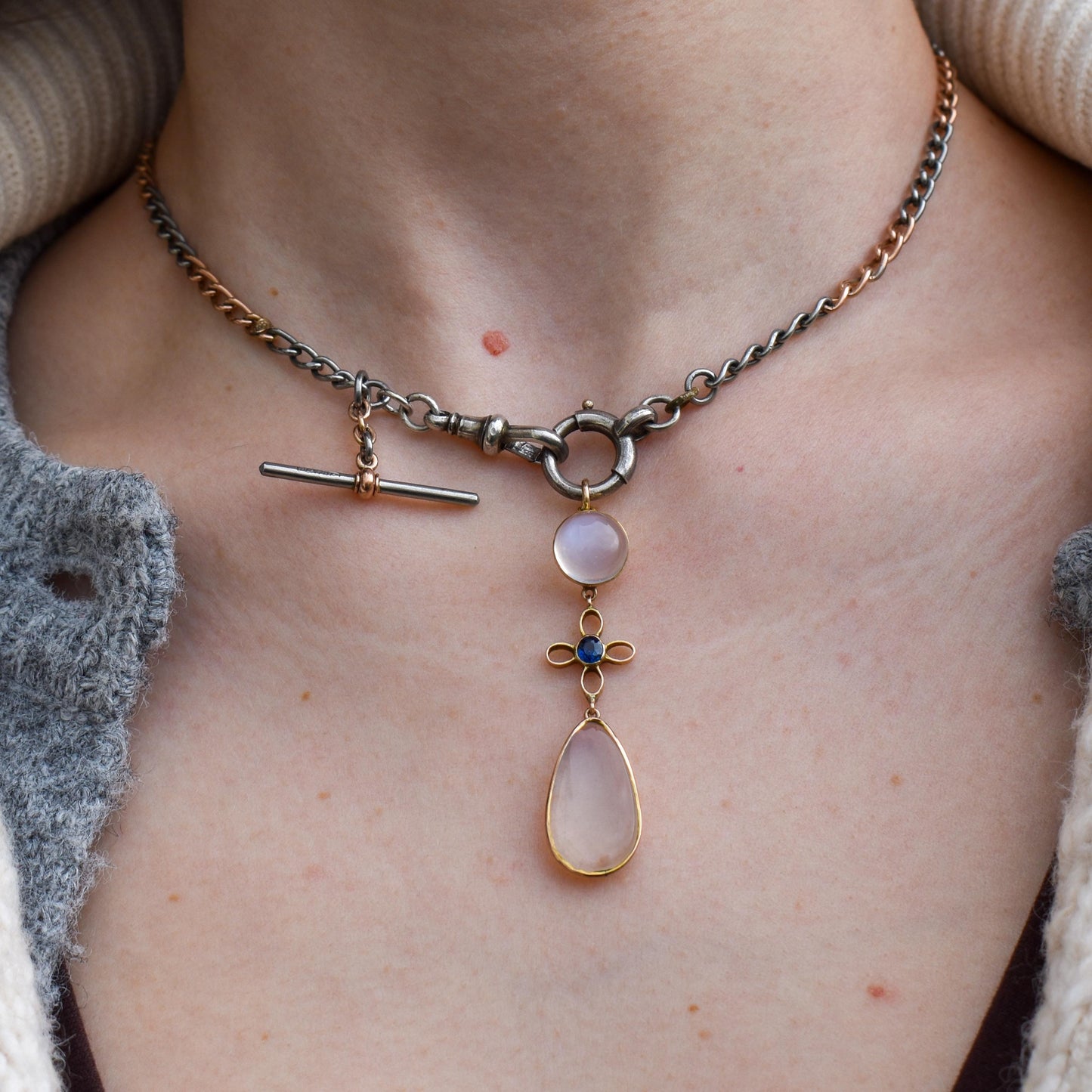 Antique Moonstone and Sapphire 9ct Gold Drop Pendant