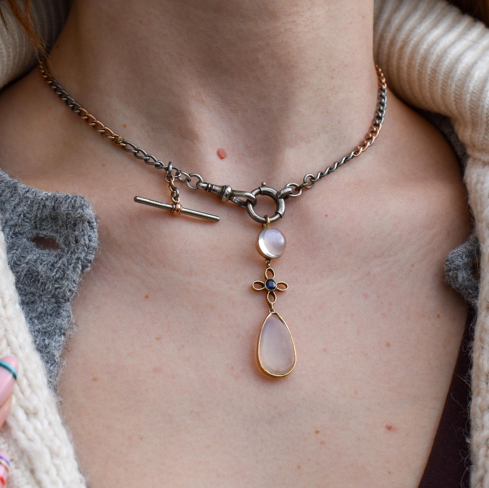 Antique Moonstone and Sapphire 9ct Gold Drop Pendant