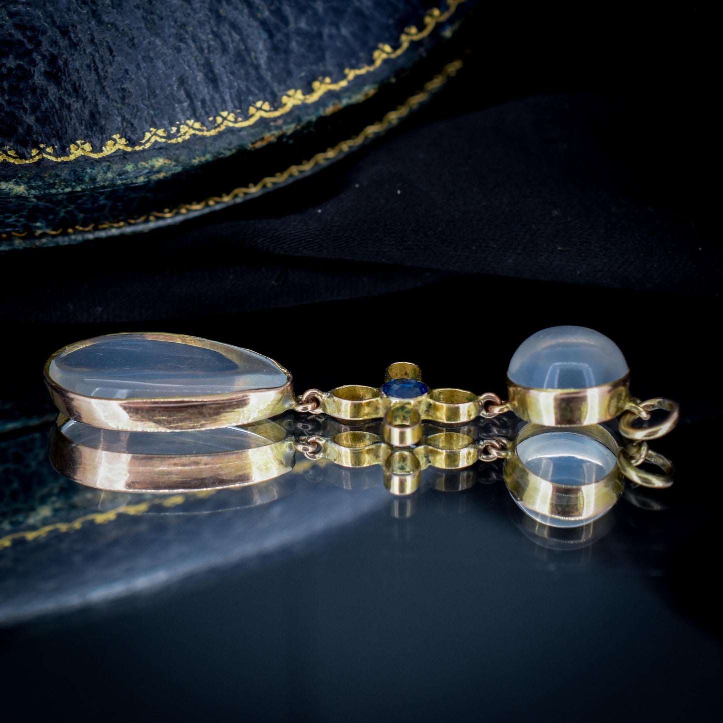 Antique Moonstone and Sapphire 9ct Gold Drop Pendant