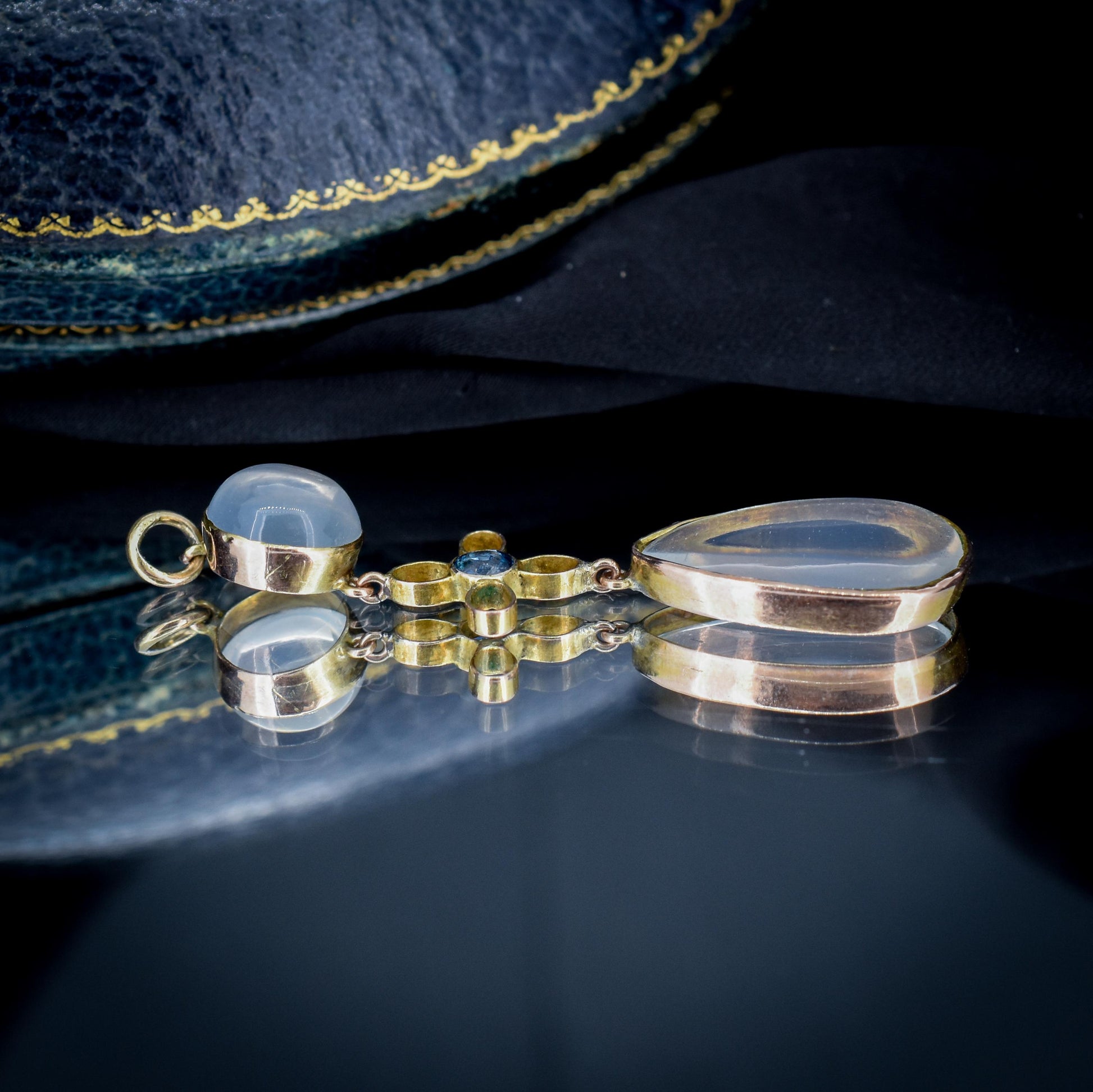 Antique Moonstone and Sapphire 9ct Gold Drop Pendant