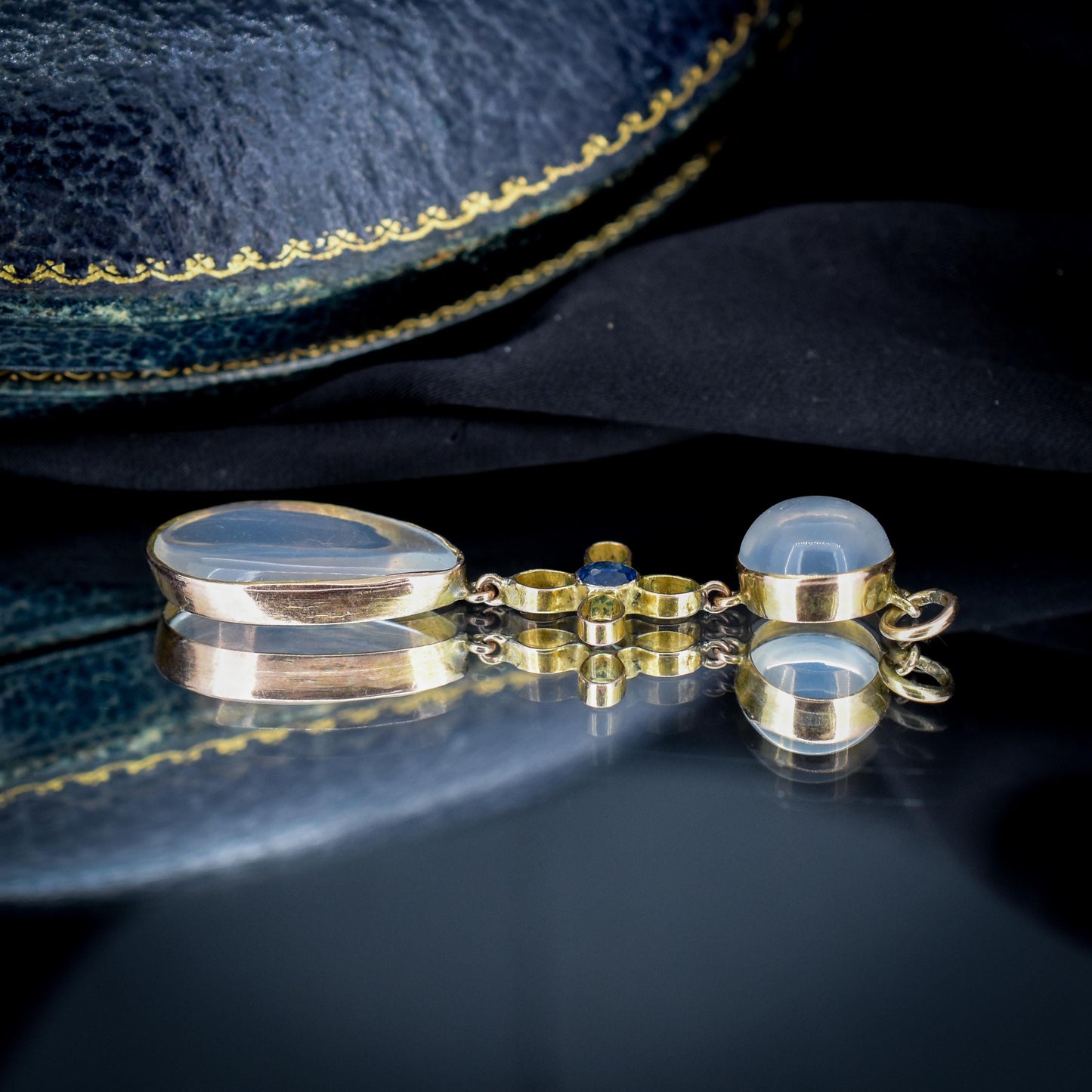 Antique Moonstone and Sapphire 9ct Gold Drop Pendant