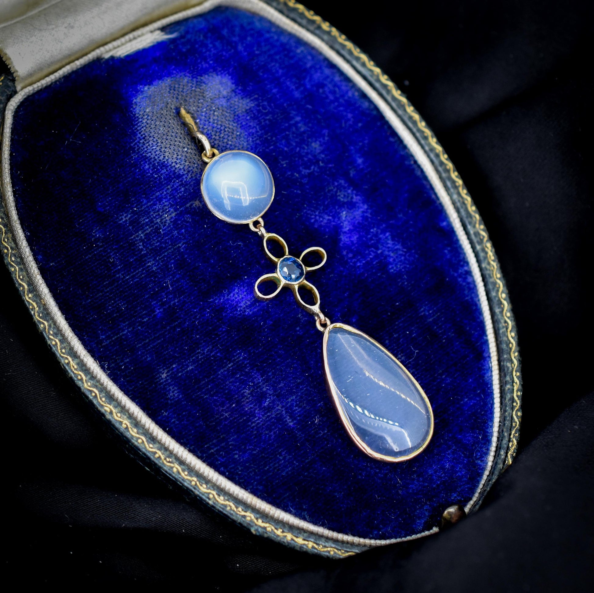 Antique Moonstone and Sapphire 9ct Gold Drop Pendant