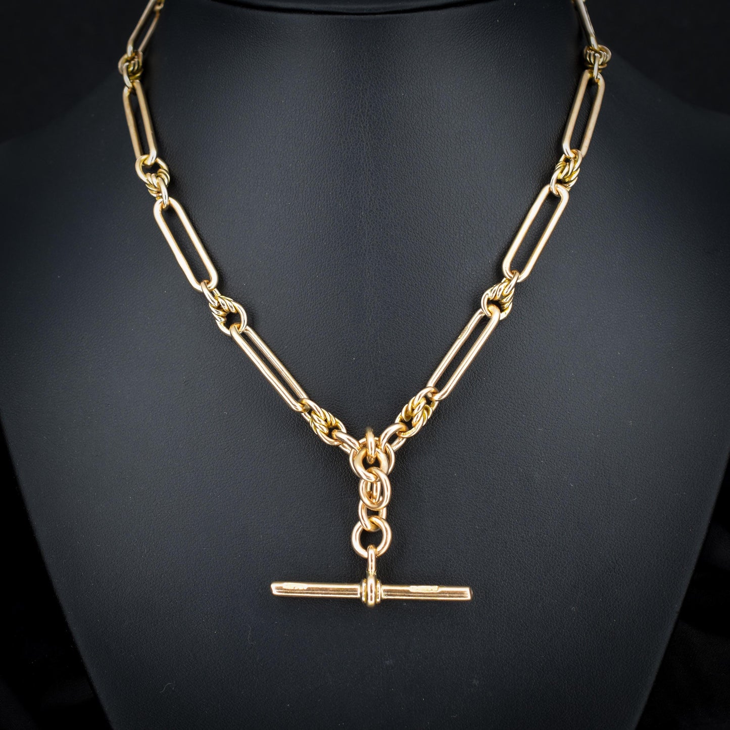 Antique '1919' 9ct Gold Trombone and Love Knot Link Albert Chain Necklace | 15.5"