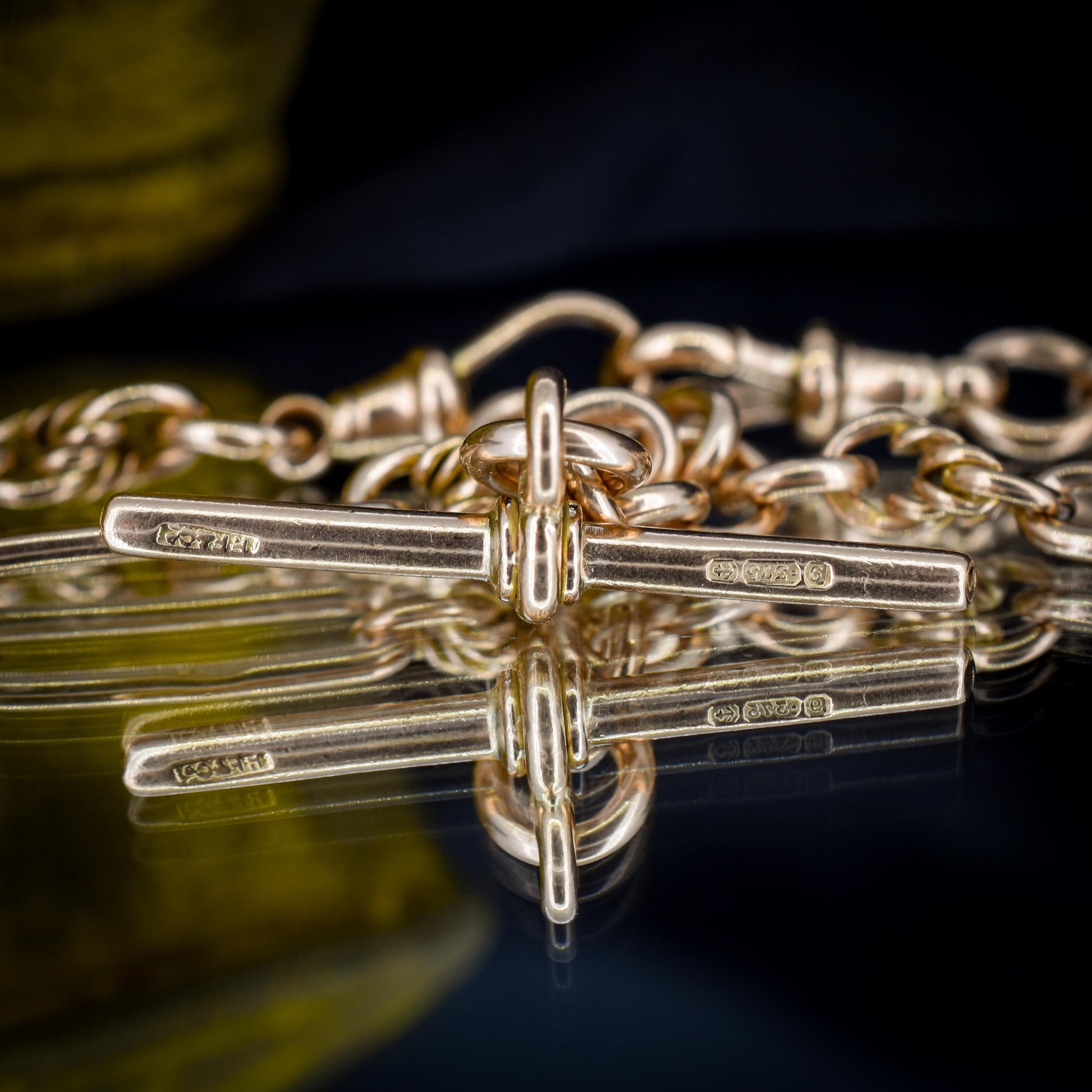 Antique '1919' 9ct Gold Trombone and Love Knot Link Albert Chain Necklace | 15.5"