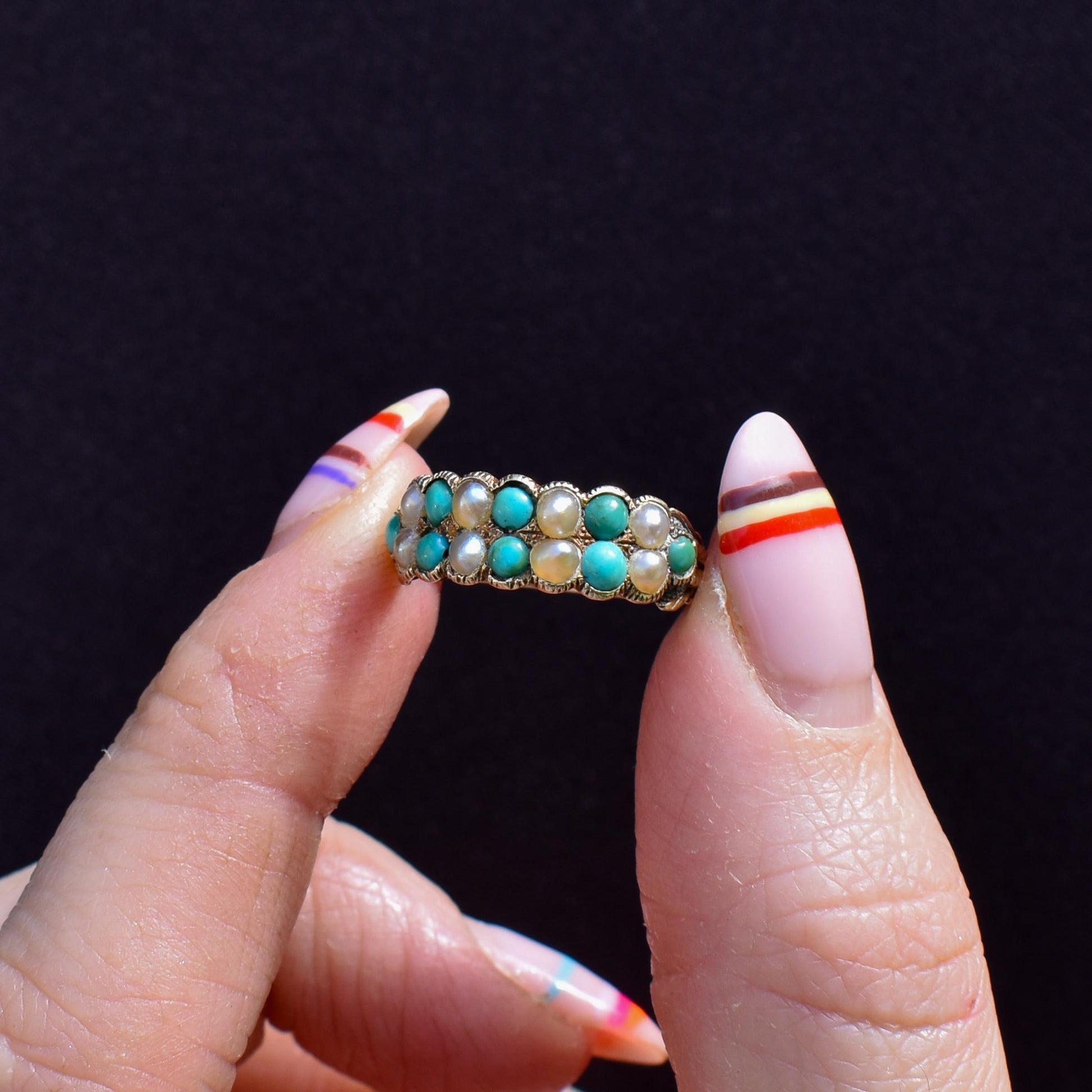 Antique Victorian Turquoise and Pearl 12ct Gold Double Row Ring
