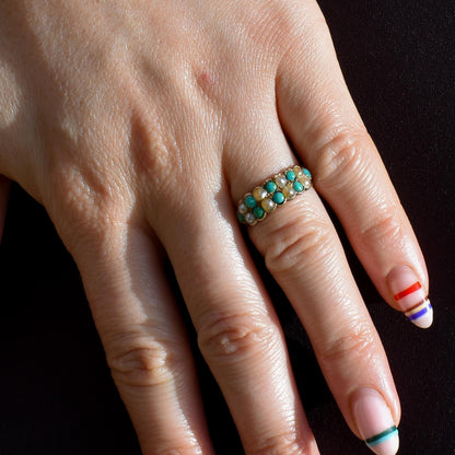 Antique Victorian Turquoise and Pearl 12ct Gold Double Row Ring