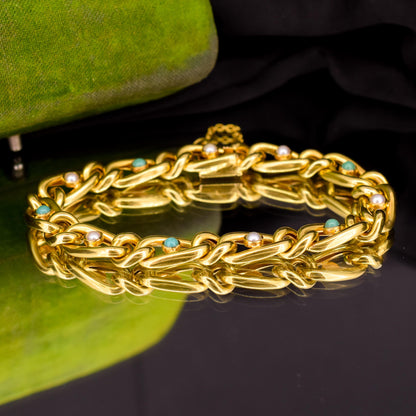Antique 15ct Yellow Gold Pearl and Turquoise Curb Bracelet | 7.5"