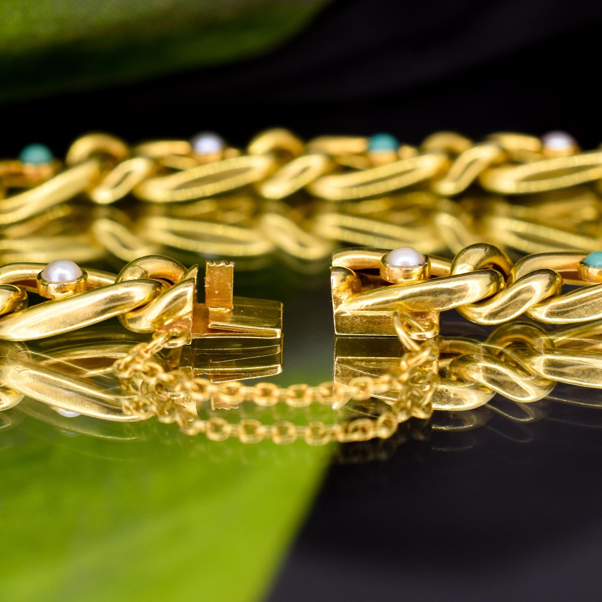 Antique 15ct Yellow Gold Pearl and Turquoise Curb Bracelet | 7.5"