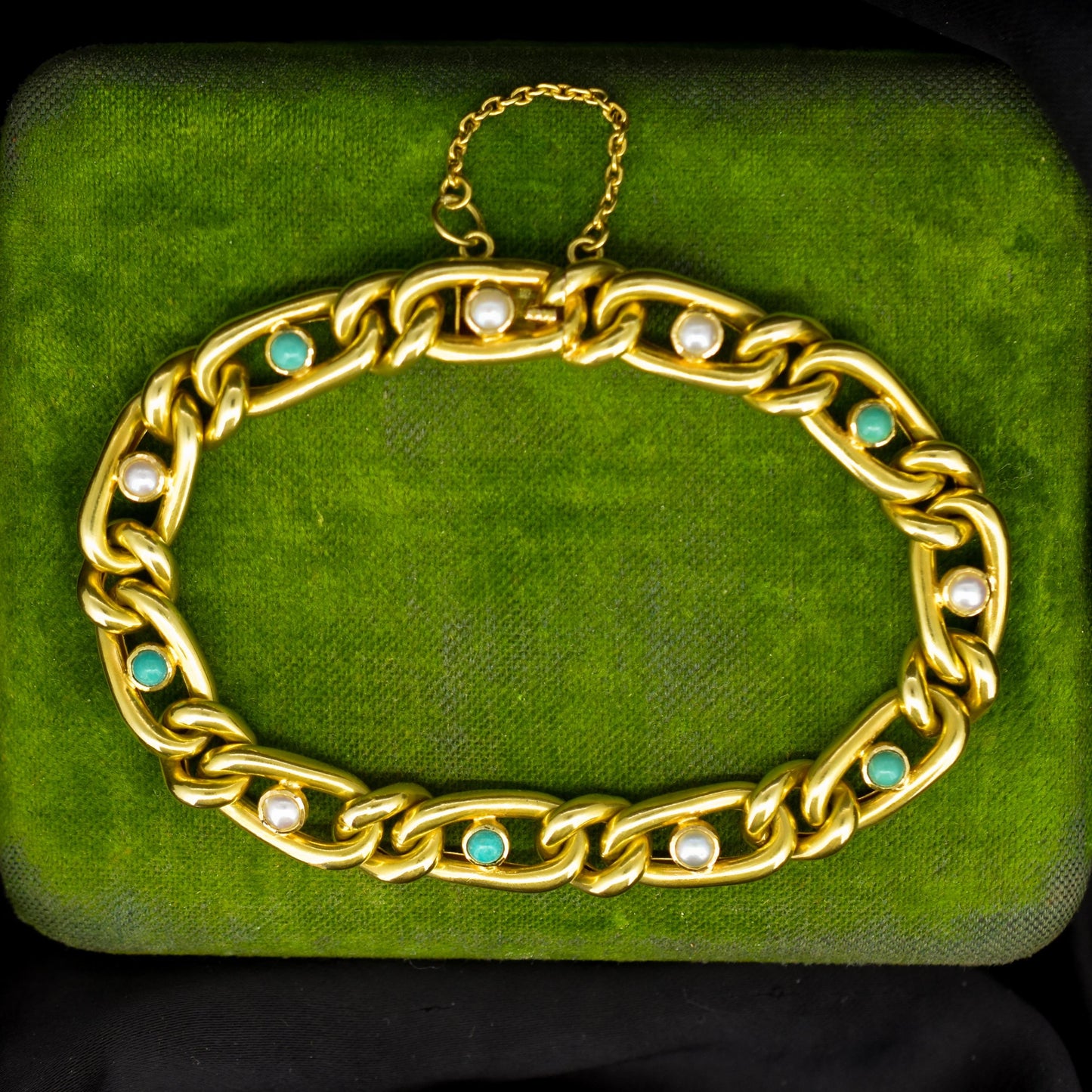Antique 15ct Yellow Gold Pearl and Turquoise Curb Bracelet | 7.5"