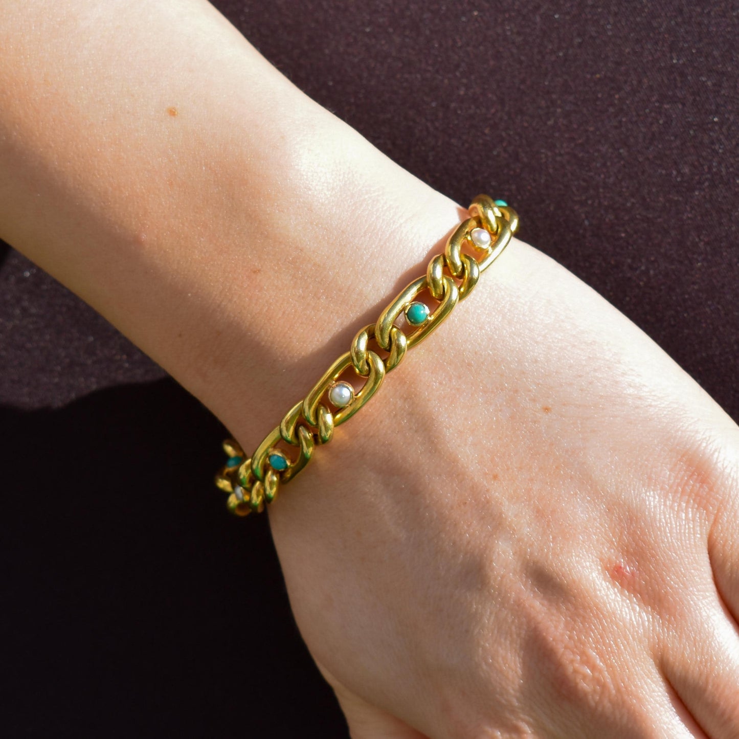 Antique 15ct Yellow Gold Pearl and Turquoise Curb Bracelet | 7.5"