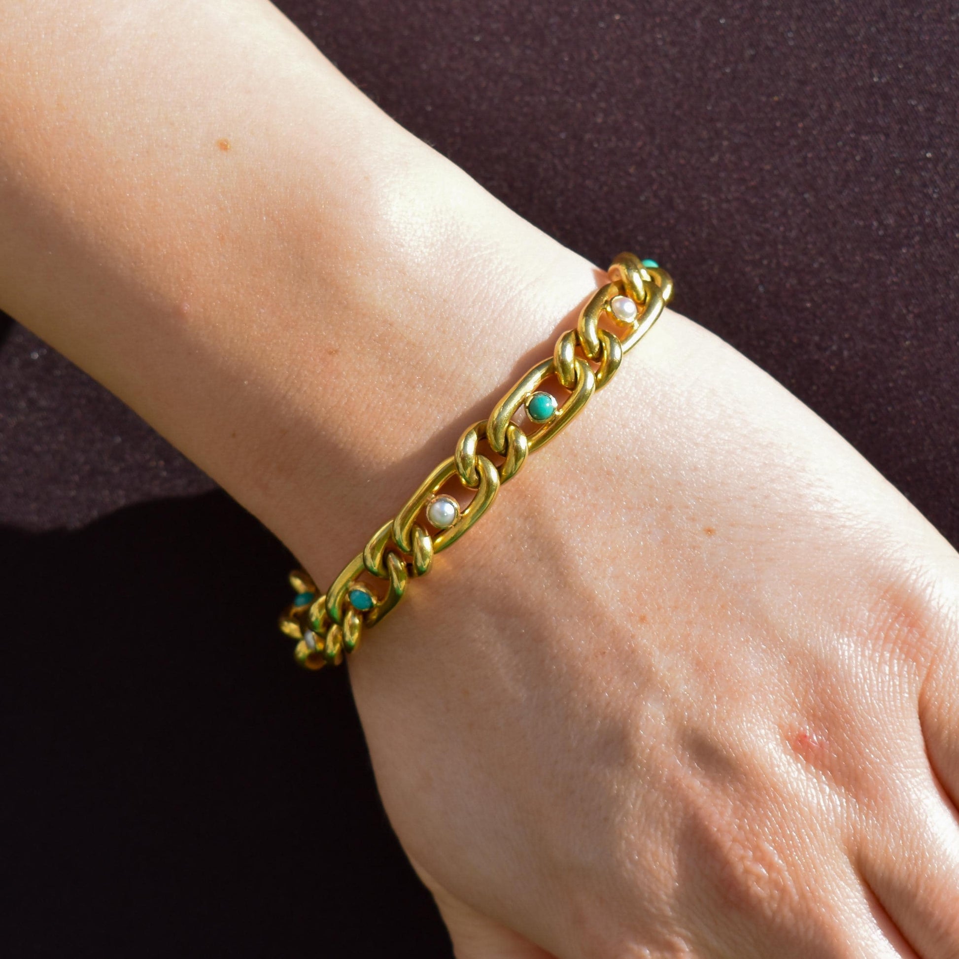 Antique 15ct Yellow Gold Pearl and Turquoise Curb Bracelet | 7.5"