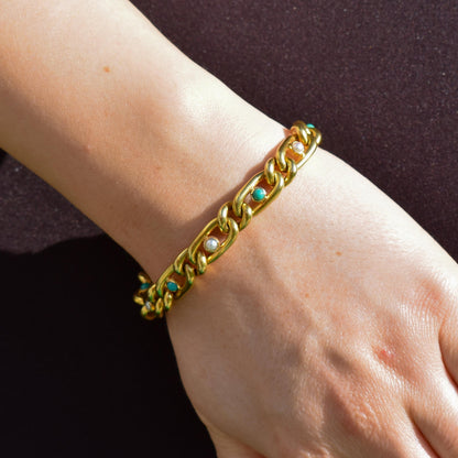 Antique 15ct Yellow Gold Pearl and Turquoise Curb Bracelet | 7.5"
