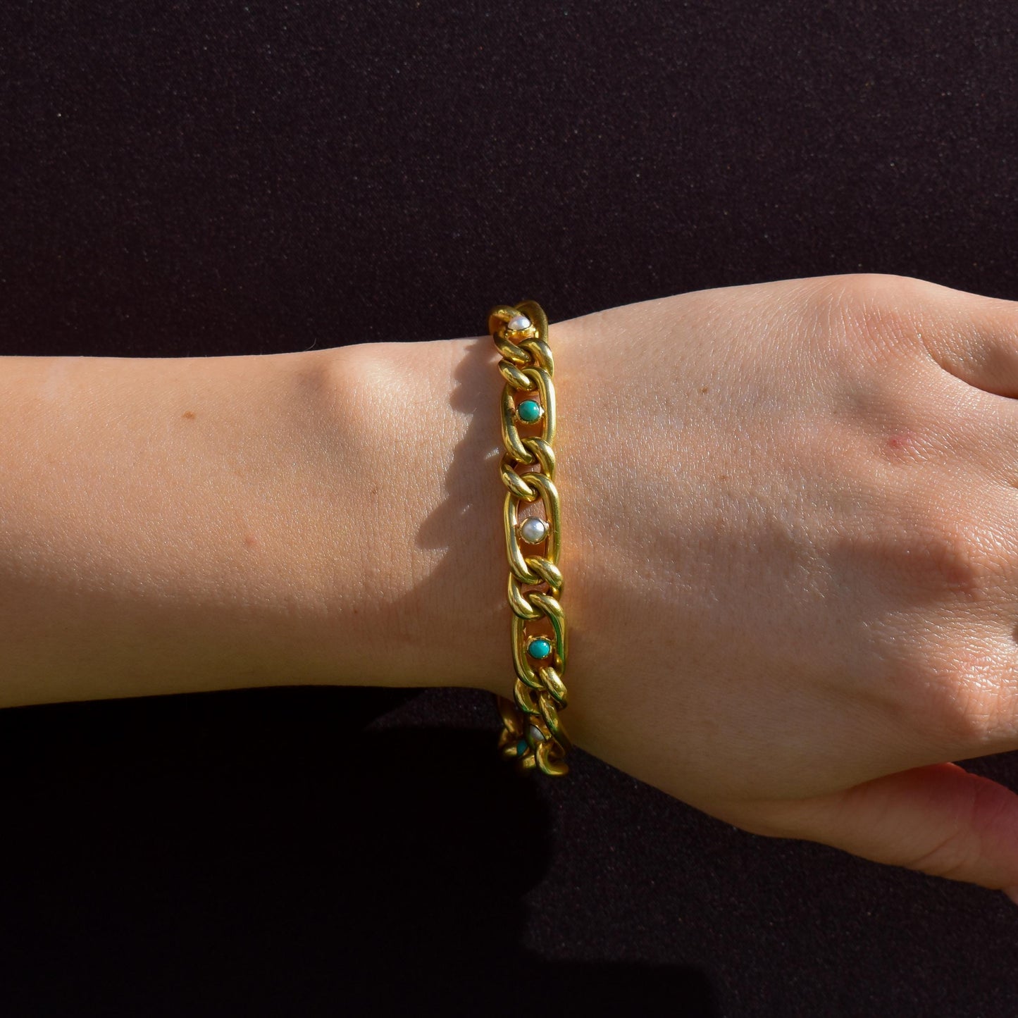 Antique 15ct Yellow Gold Pearl and Turquoise Curb Bracelet | 7.5"